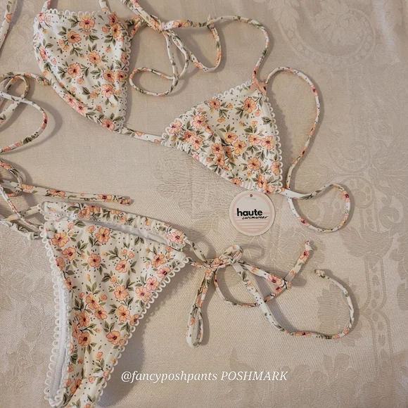 HAUTE swim pink poppies green leaves ribbon bows edging triangle string bikini - Picture 4 of 17